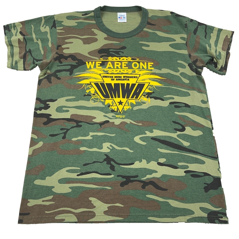 Vintage UMWA Shirt Men Large Green Camo Tee Made In USA United Mine Workers Y2K